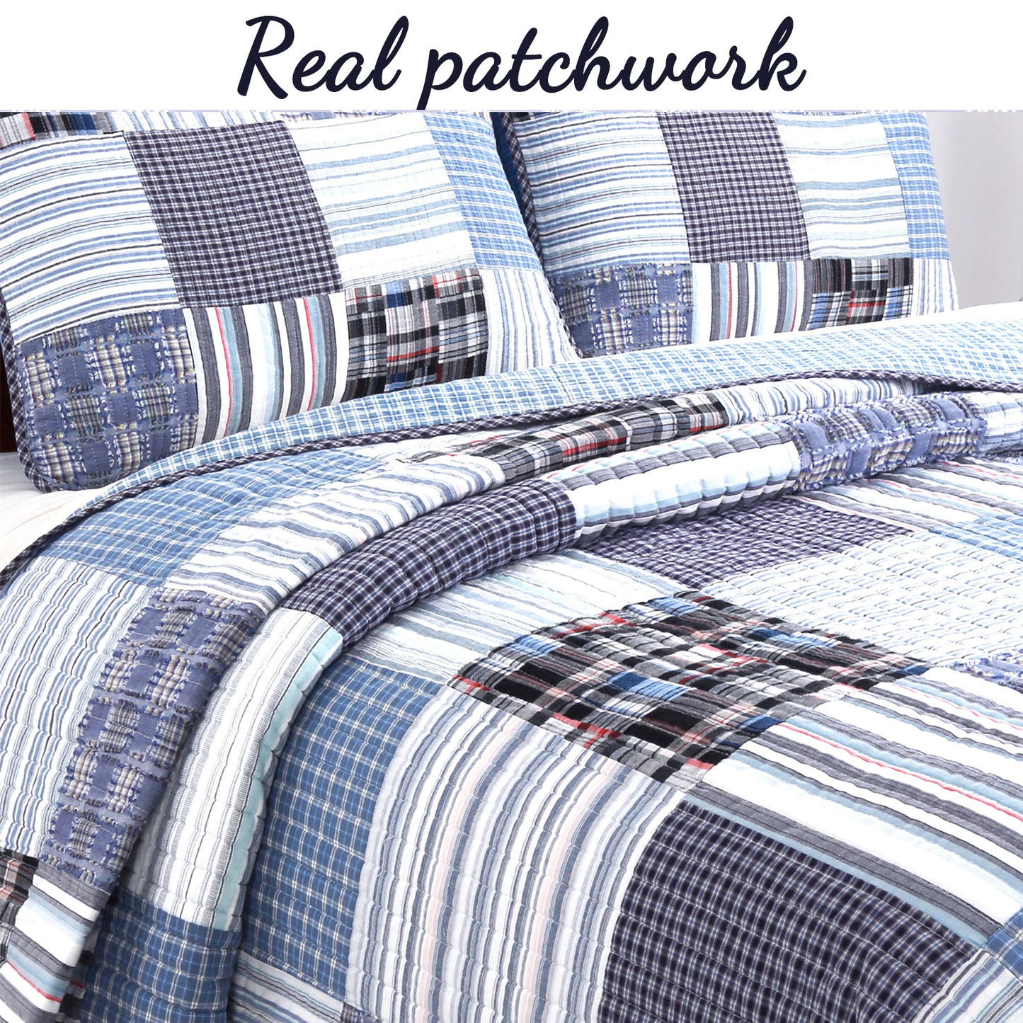 Daniel Stripe Plaid Blue Real Patchwork Cotton Reversible Quilt Bedding Set