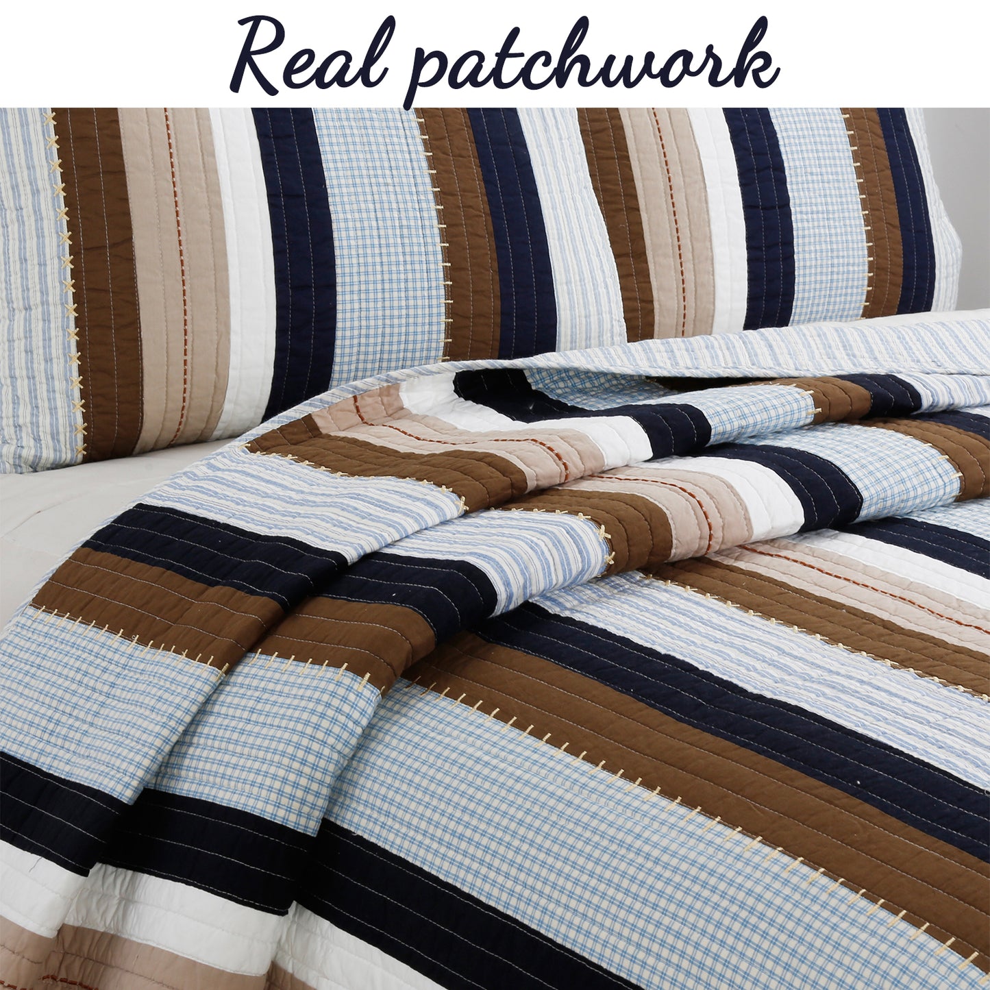 Nathan Stripe Blue Brown Real Patchwork Cotton Reversible Quilt Bedding Set