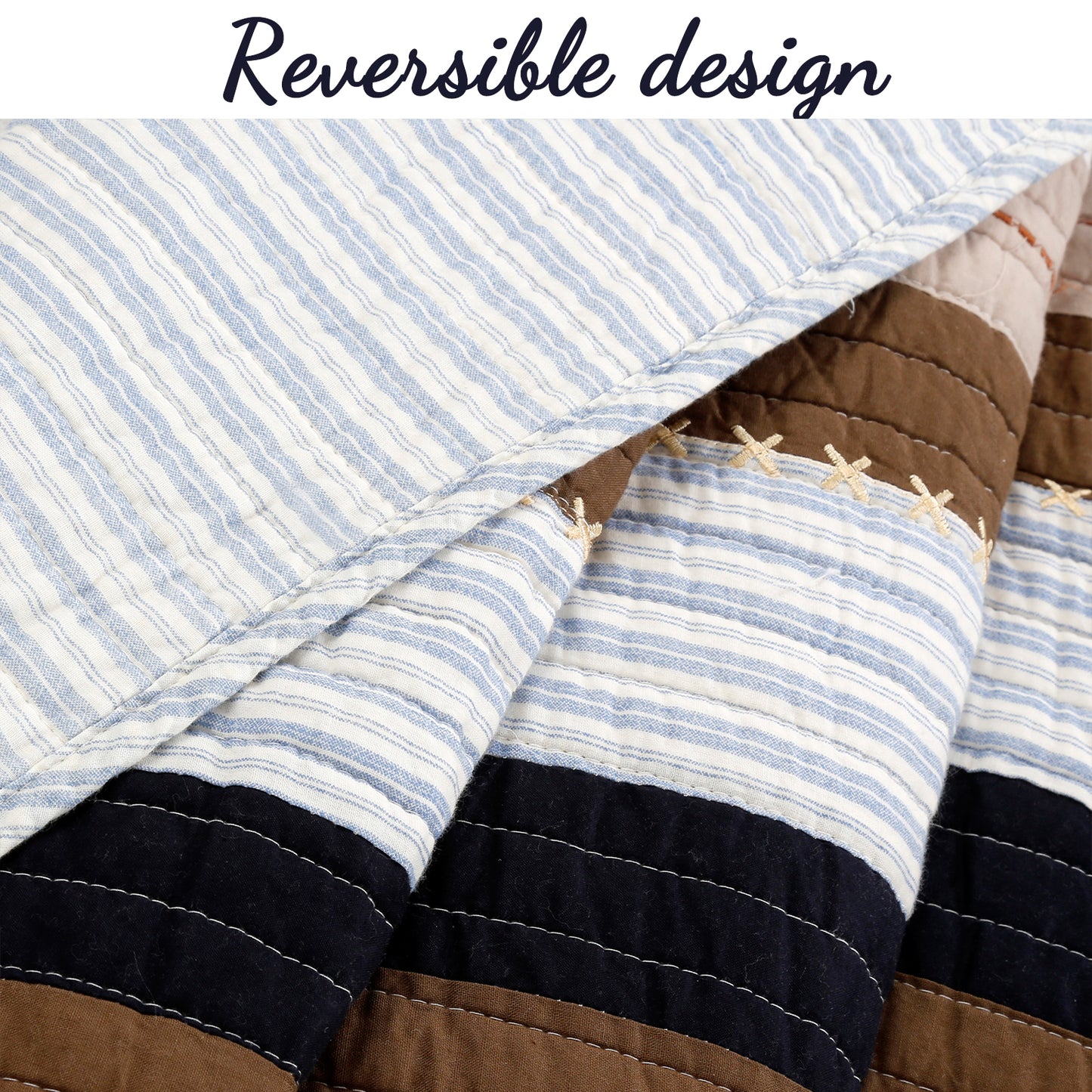 Nathan Stripe Blue Brown Real Patchwork Cotton Reversible Quilt Bedding Set