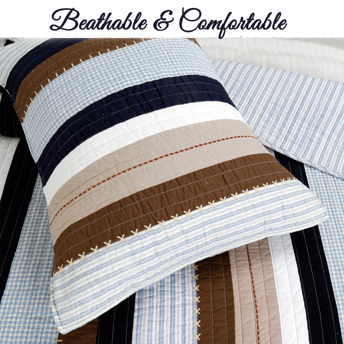 Nathan Stripe Blue Brown Real Patchwork Cotton Reversible Quilt Bedding Set