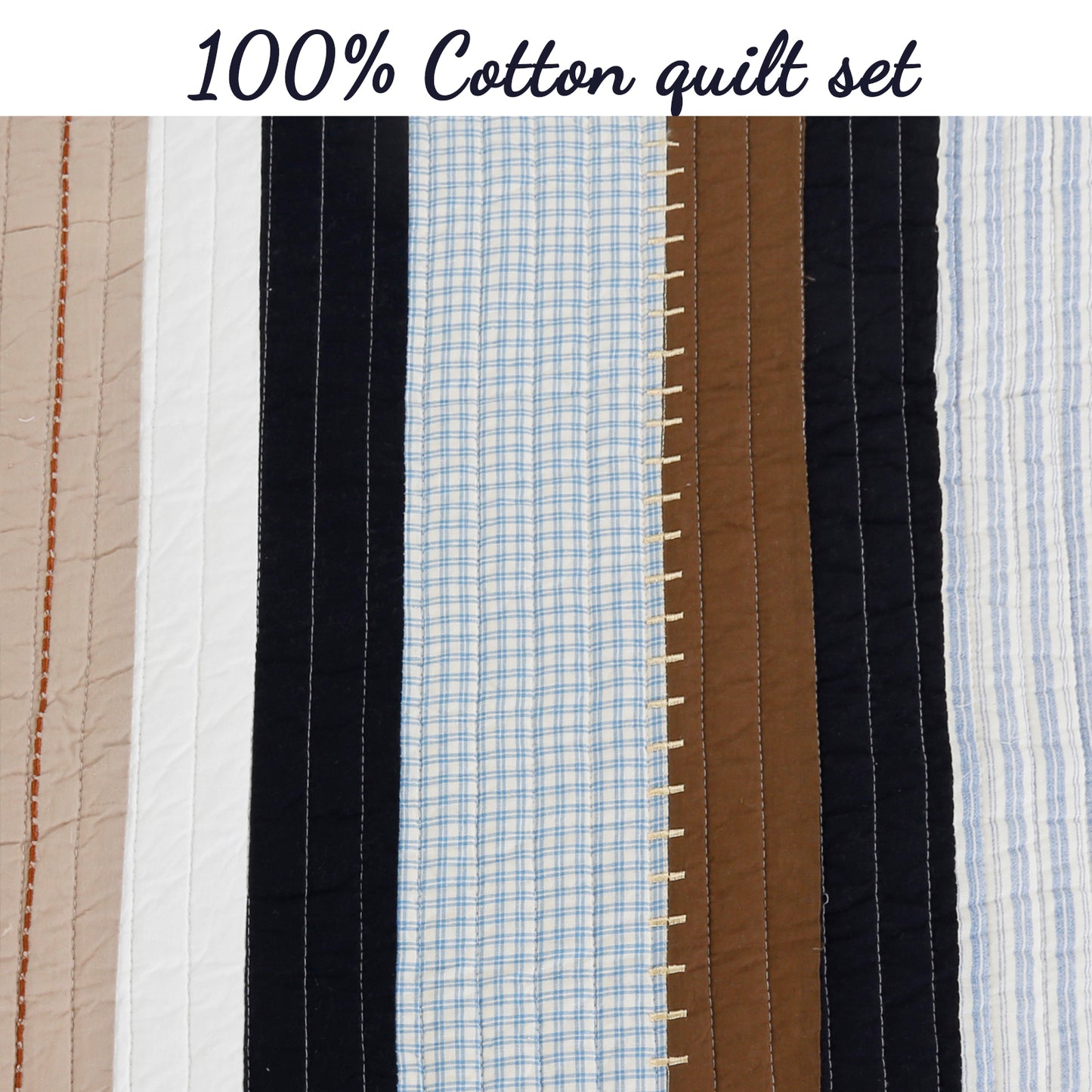Nathan Stripe Blue Brown Real Patchwork Cotton Reversible Quilt Bedding Set