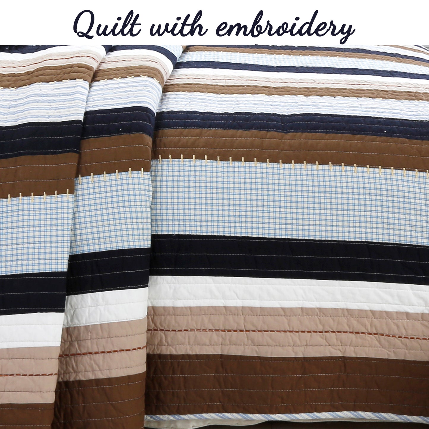 Nathan Stripe Blue Brown Real Patchwork Cotton Reversible Quilt Bedding Set