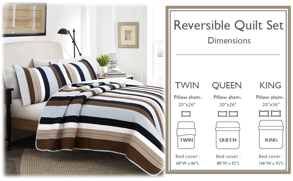 Nathan Stripe Blue Brown Real Patchwork Cotton Reversible Quilt Bedding Set