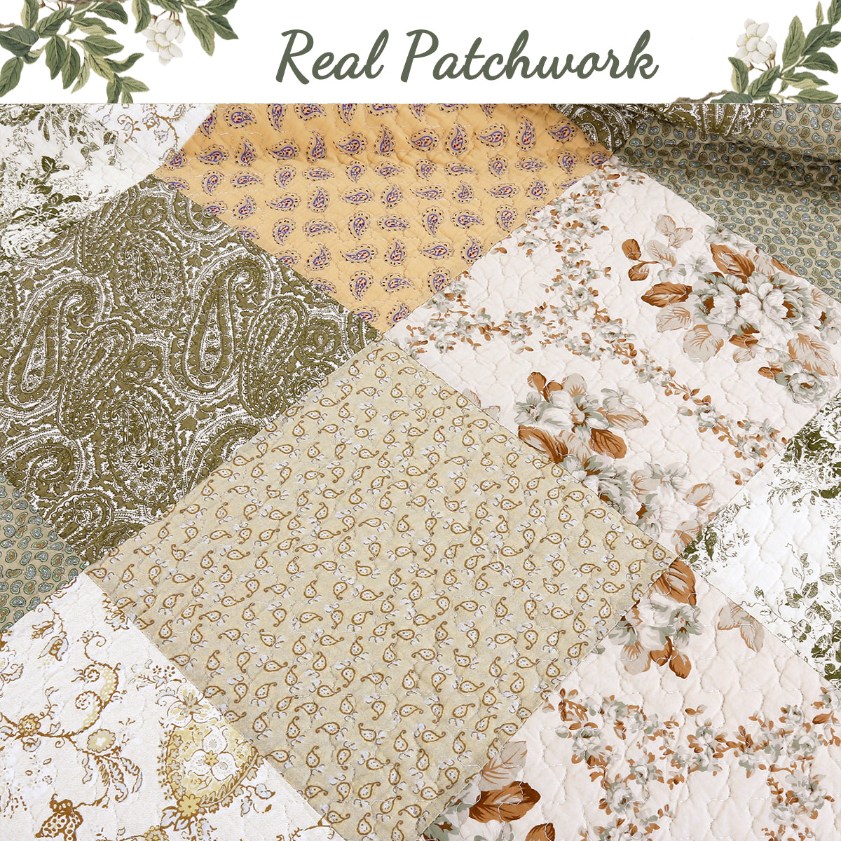Grace Sage Green Real Patchwork Embroidered Scalloped Edge Cotton Reversible Quilt Bedding Set