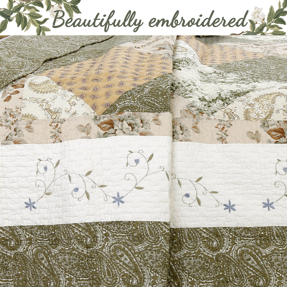 Grace Sage Green Real Patchwork Embroidered Scalloped Edge Cotton Reversible Quilt Bedding Set