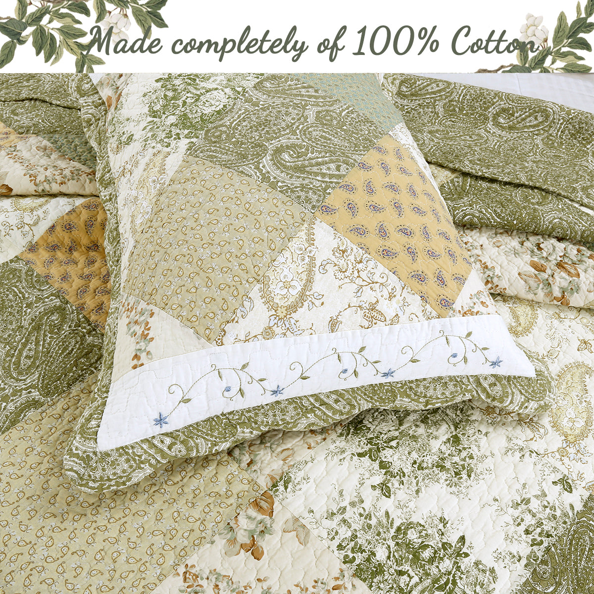 Grace Sage Green Real Patchwork Embroidered Scalloped Edge Cotton Reversible Quilt Bedding Set