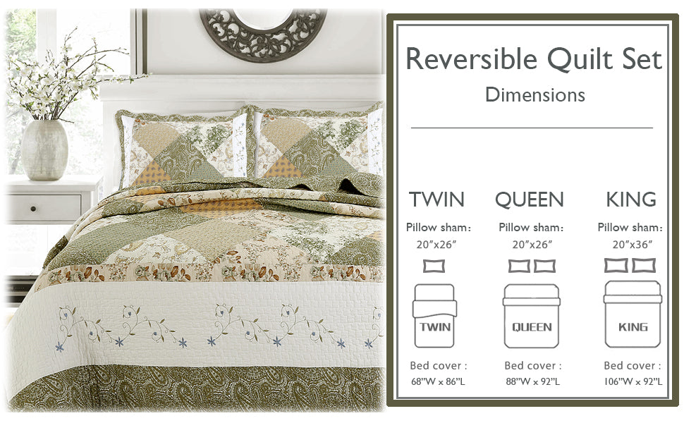 Grace Sage Green Real Patchwork Embroidered Scalloped Edge Cotton Reversible Quilt Bedding Set