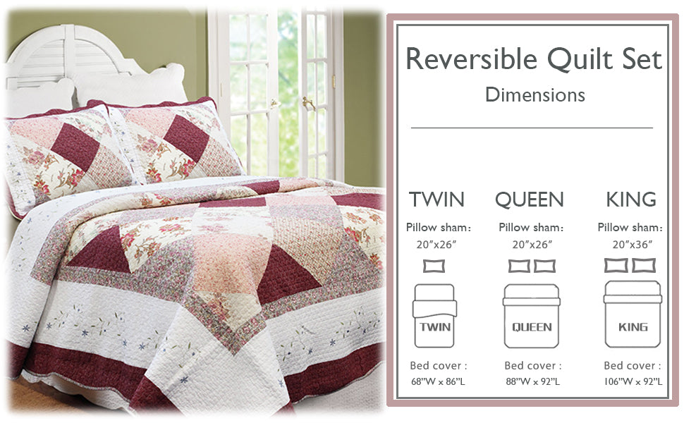Grace Burgundy Real Patchwork Embroidered Scalloped Edge 3-Piece Cotton Reversible Quilt Bedding Set