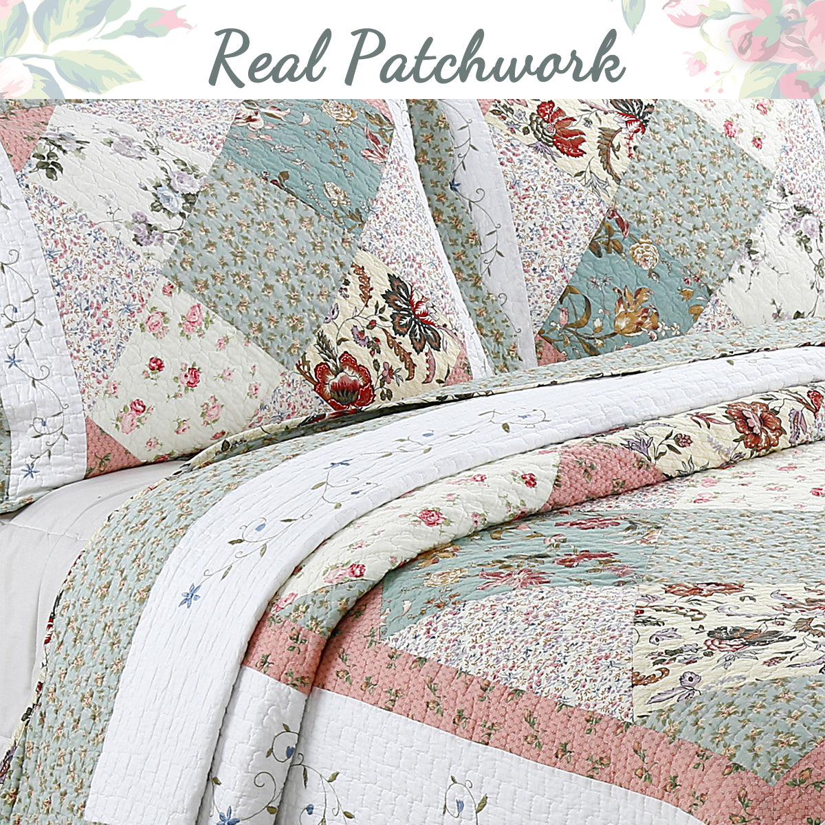 Grace Celadon Real Patchwork Embroidered Scalloped Edge Cotton Reversible Quilt Bedding Set