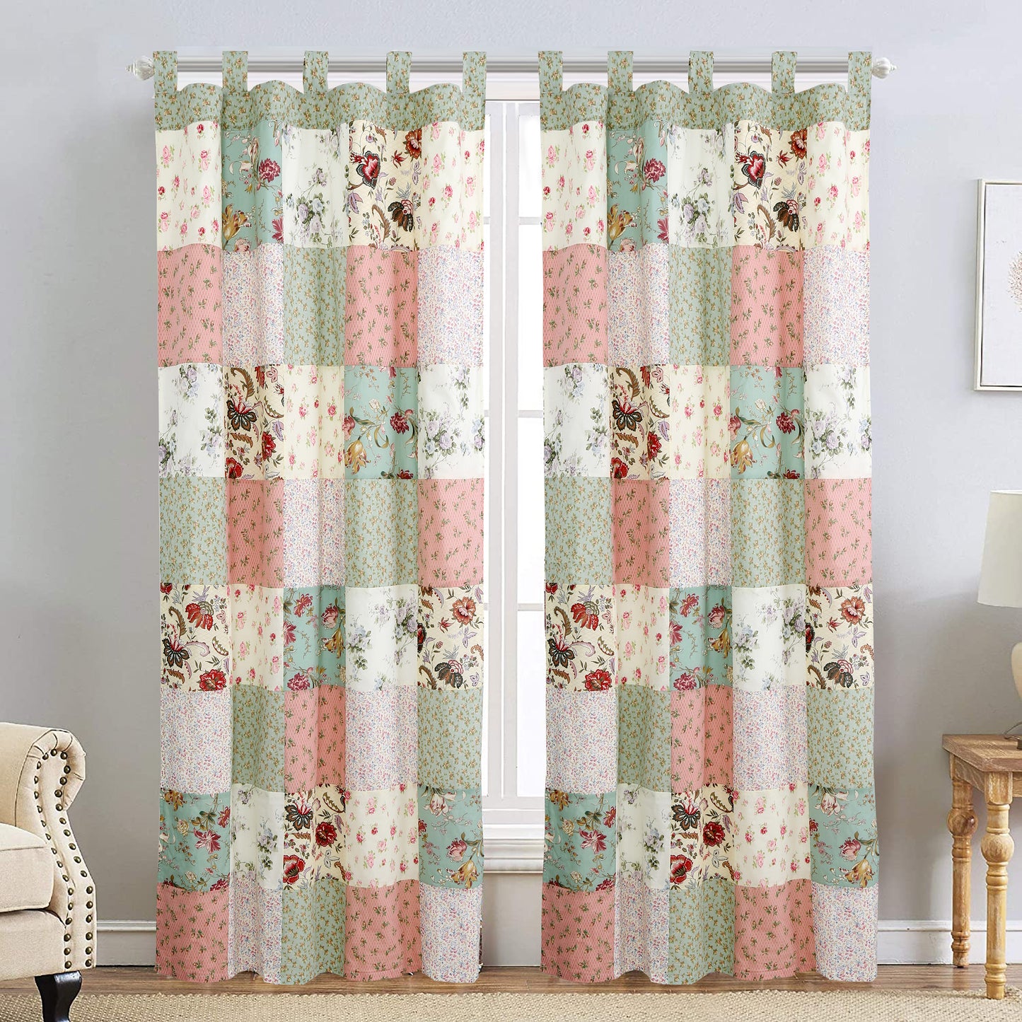 Grace Celadon Floral Country Cottage Garden Patchwork Window Curtain Panel/Drapes