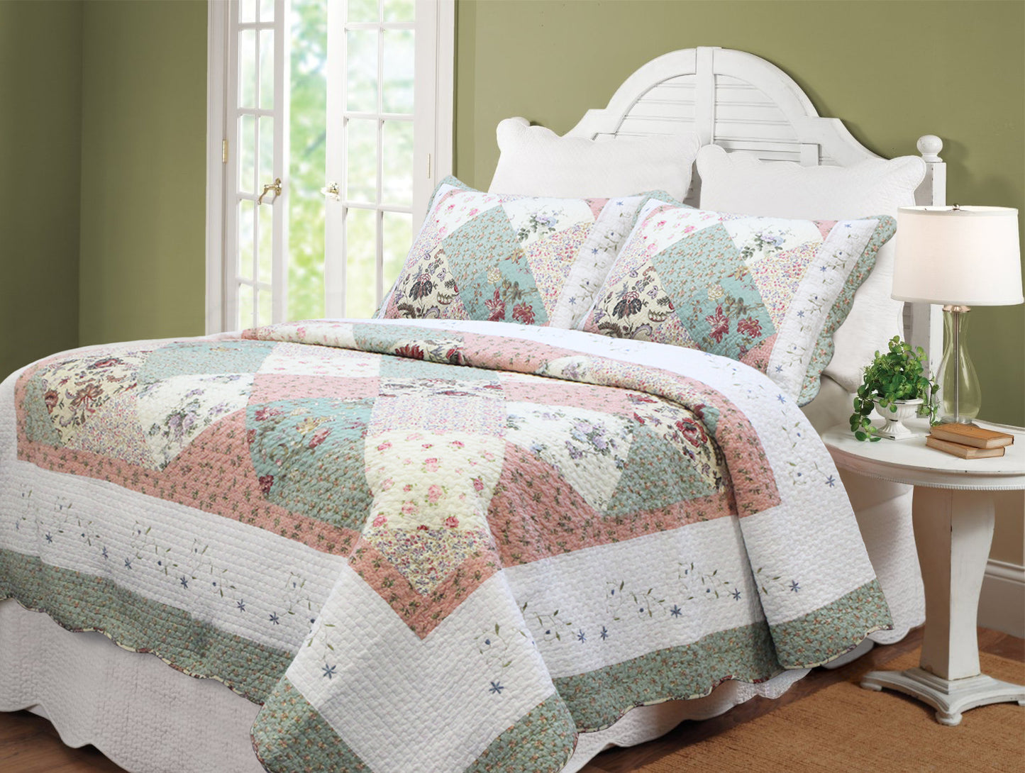 Grace Celadon Floral Country Cottage Garden Patchwork Window Curtain Panel/Drapes