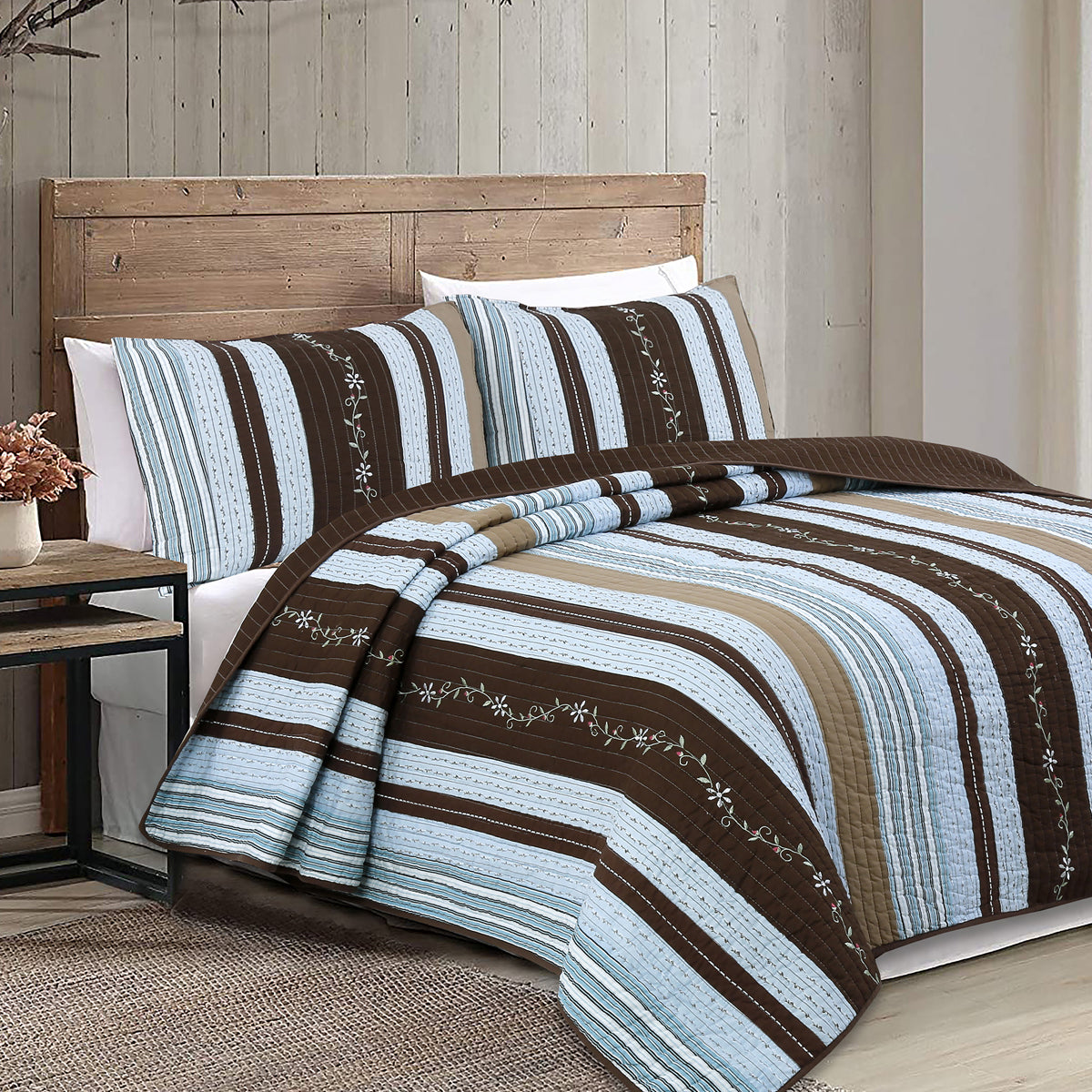 Mary Ann Stripe Real Patchwork Cotton 3-piece Reversible Quilt Bedding Set