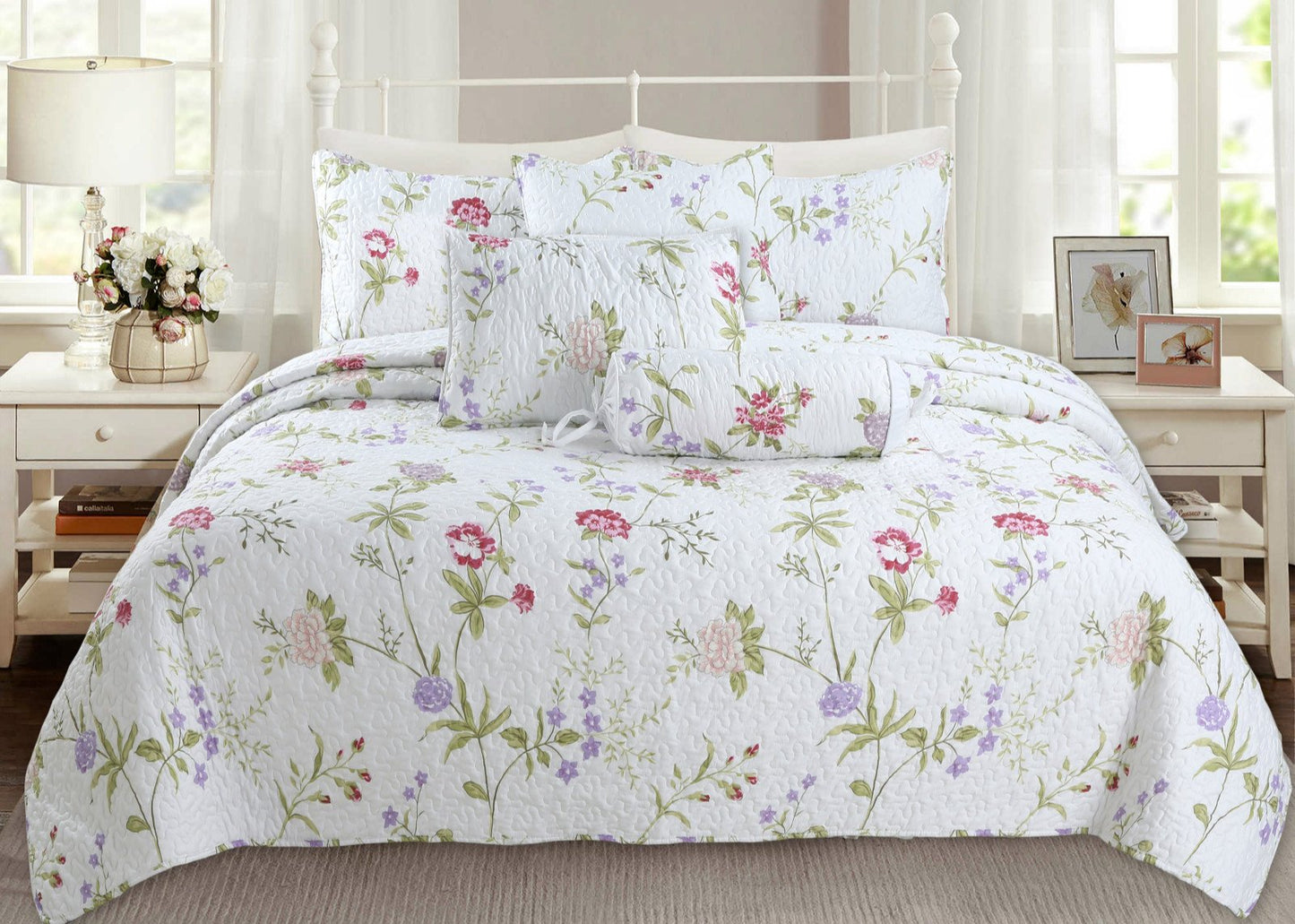 Lucie Light Pink Lavender Floral 3-Piece Reversible Quilt Bedding Set