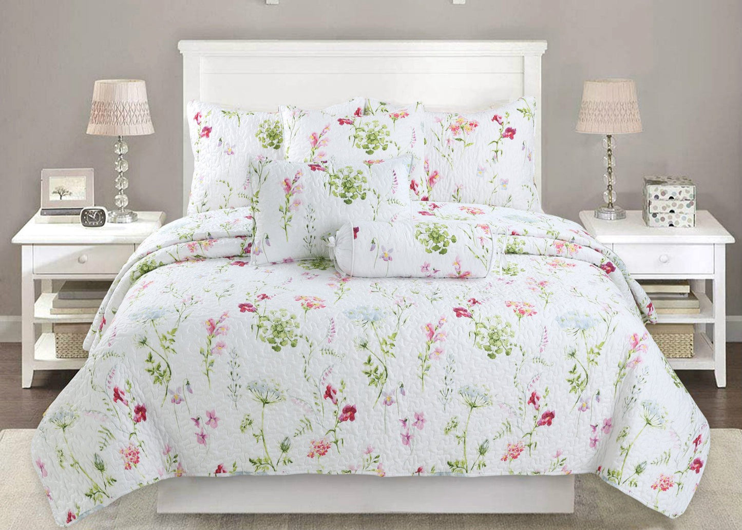 Carlotta Light Pink Blue Floral Print Reversible Quilt Bedding Set