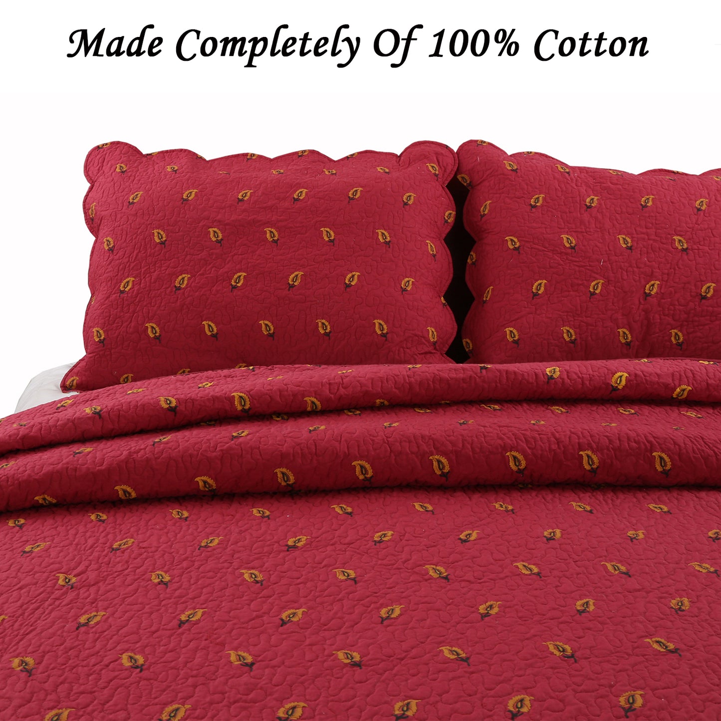Classic Flaming Paisley Scalloped Edge Cotton 3-Piece Reversible Quilt Bedding Set