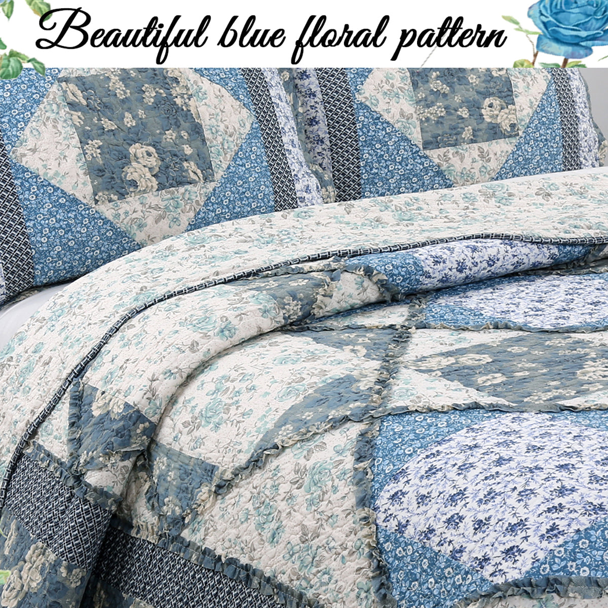 Moyers Blue Ruffle Real Patchwork Scalloped Edge Cotton 3-Piece Reversible Quilt Bedding Set