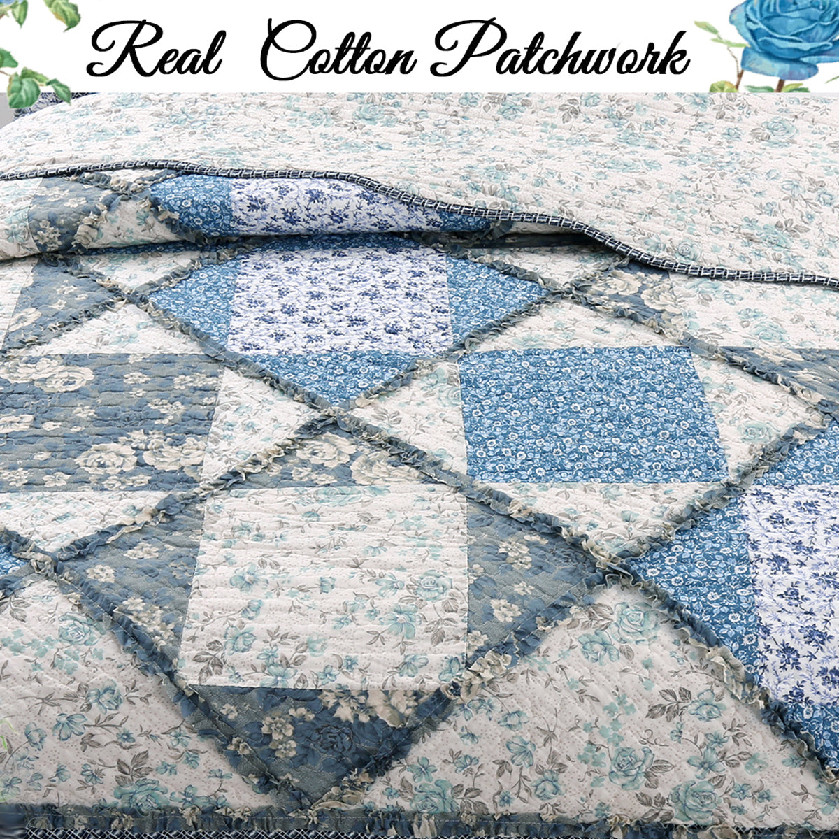 Moyers Blue Ruffle Real Patchwork Scalloped Edge Cotton 3-Piece Reversible Quilt Bedding Set