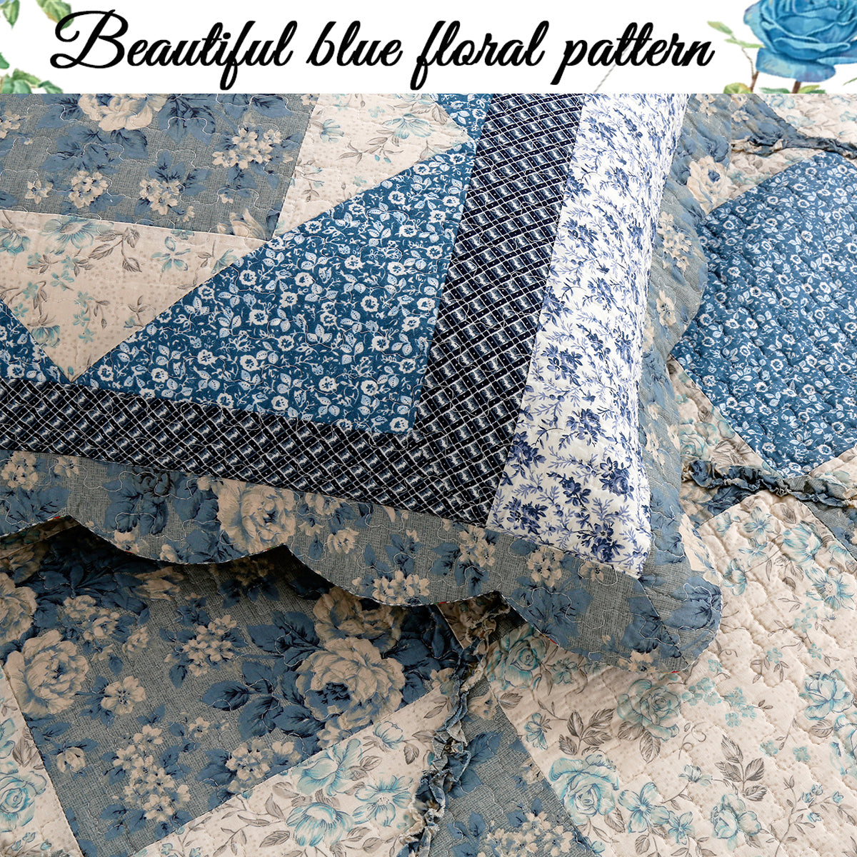 Moyers Blue Ruffle Real Patchwork Scalloped Edge Cotton 3-Piece Reversible Quilt Bedding Set