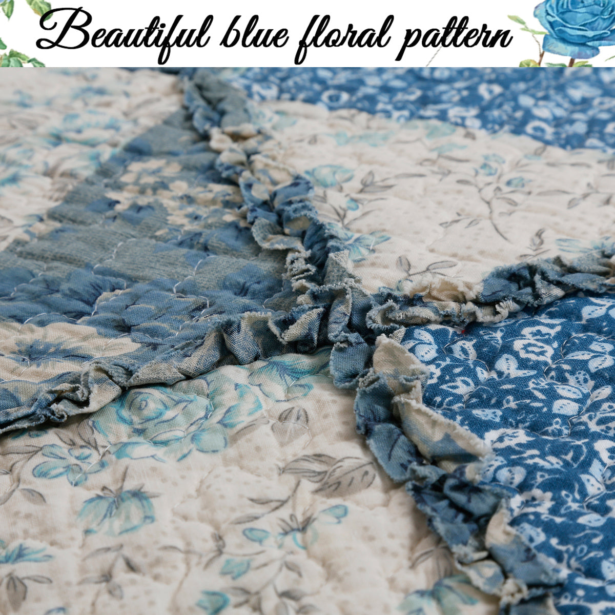 Moyers Blue Ruffle Real Patchwork Scalloped Edge Cotton 3-Piece Reversible Quilt Bedding Set