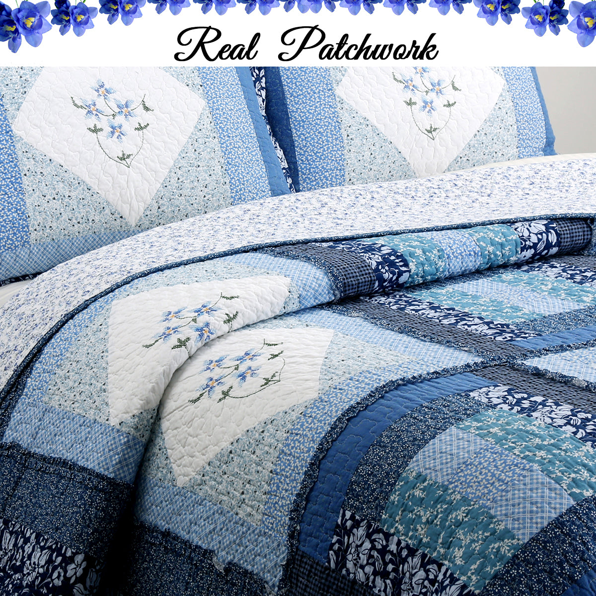 Moyle Blue Real Patchwork Embroidered Floral Ruffle Cotton 3-Piece Reversible Quilt Bedding Set