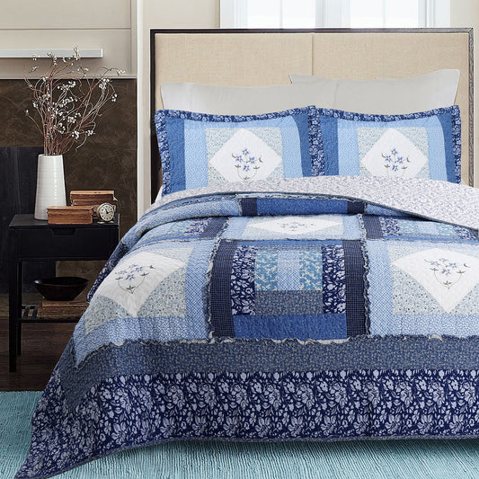 Moyle Blue Real Patchwork Embroidered Floral Ruffle Cotton 3-Piece Reversible Quilt Bedding Set