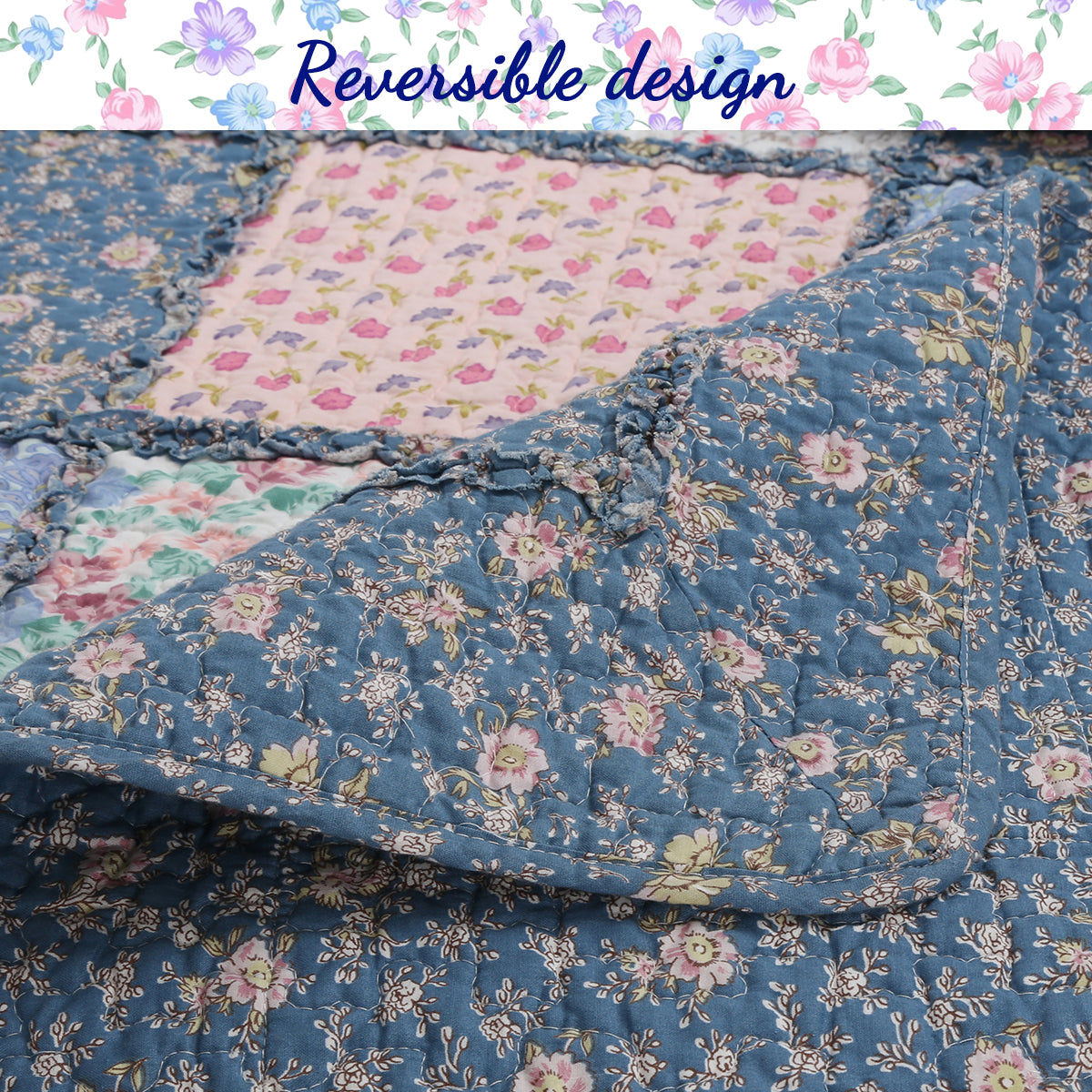 Mraz Blue Pink Ruffle Real Patchwork Cotton 3-Piece Reversible Quilt Bedding Set