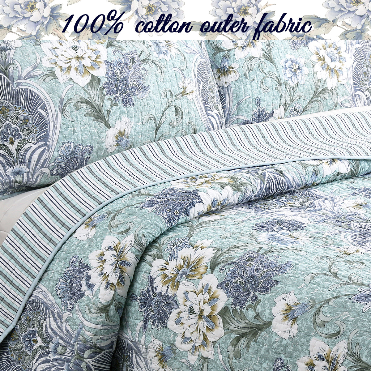 Porcelain Vase Cotton 3-Piece Reversible Quilt Bedding Set