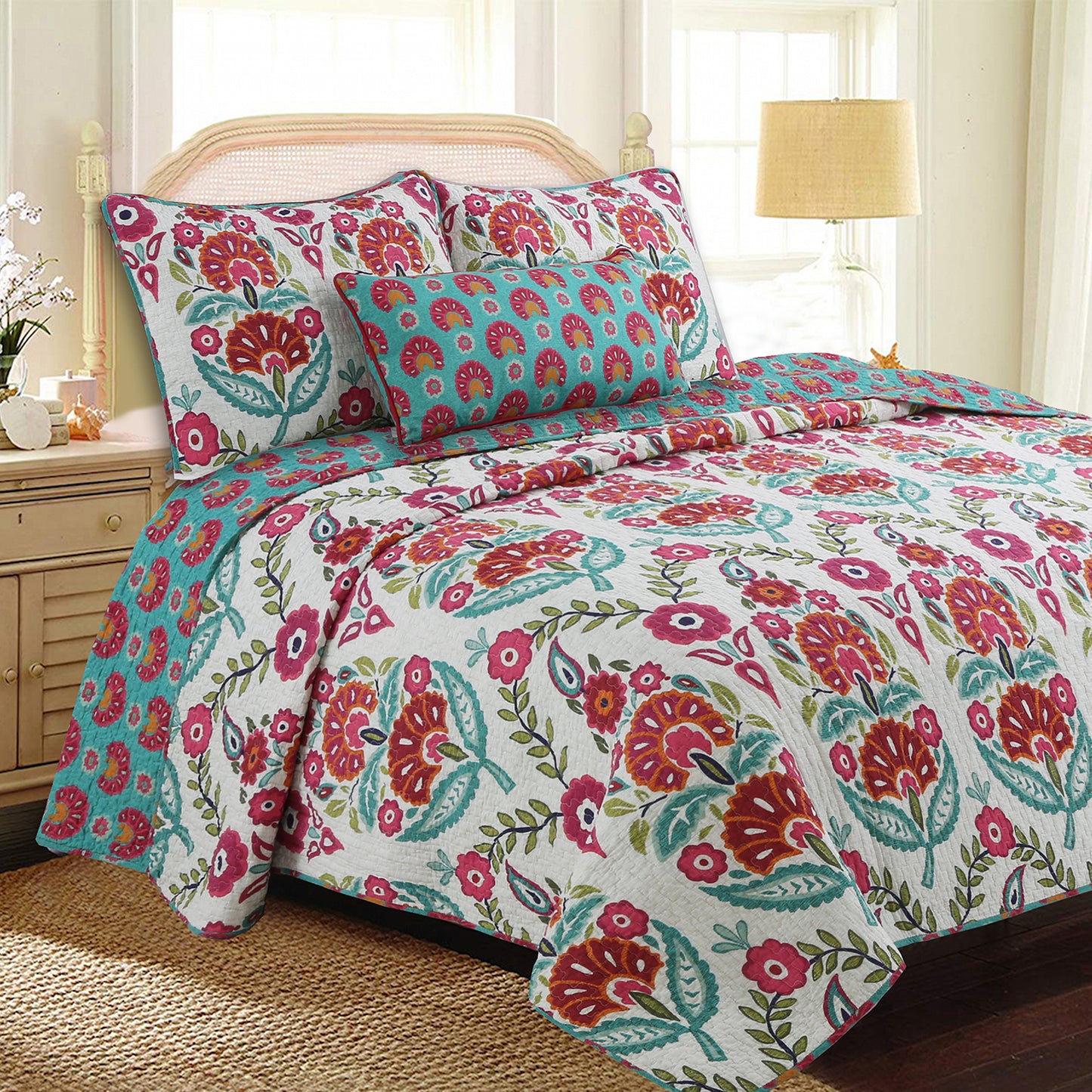 Hitchens Floral Cotton Reversible Quilt Bedding Set