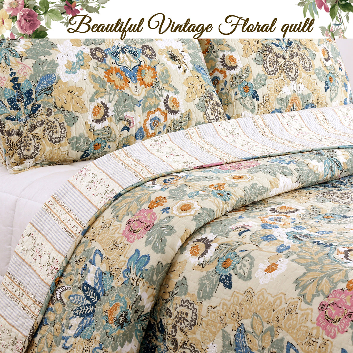 Pylle Hill Floral Cotton 3-Piece Reversible Quilt Bedding Set