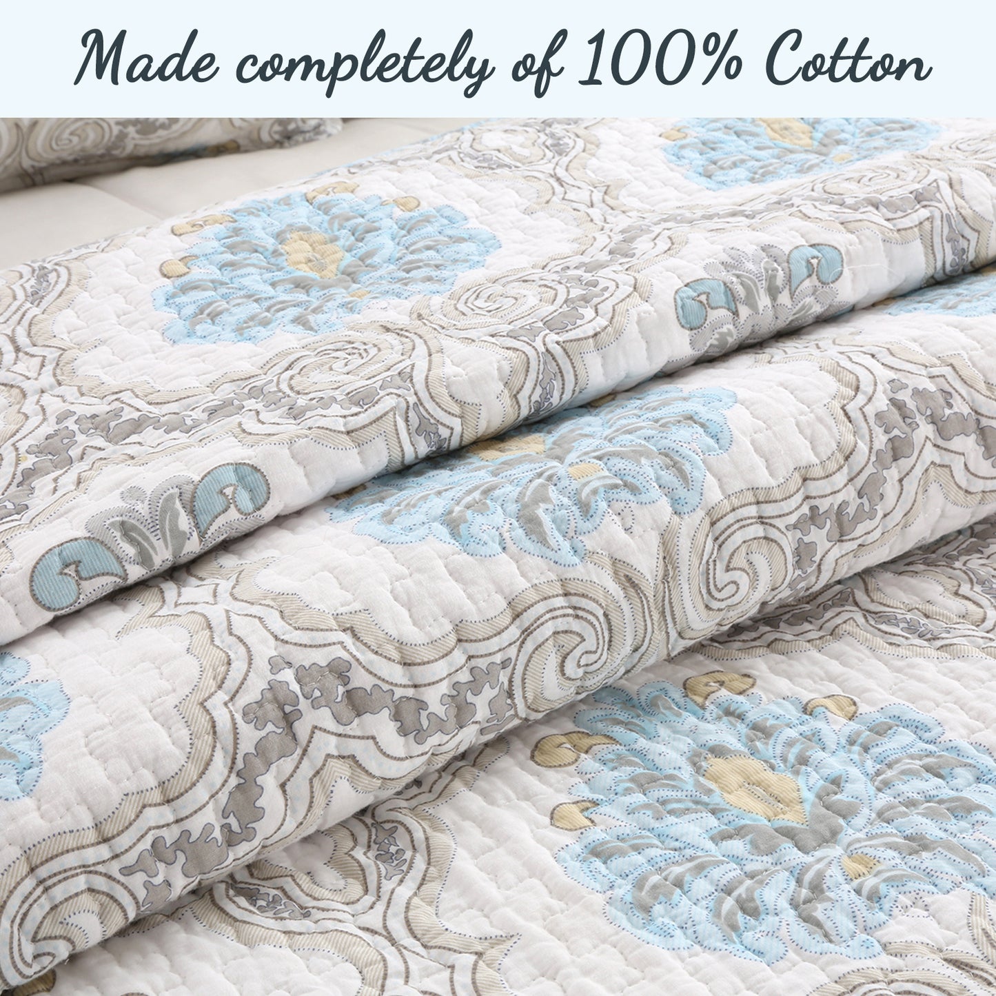 Blue Floral Medallion Cotton 3-Piece Reversible Quilt Bedding Set