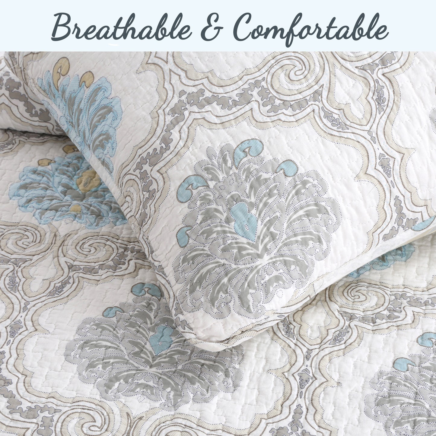 Blue Floral Medallion Cotton 3-Piece Reversible Quilt Bedding Set