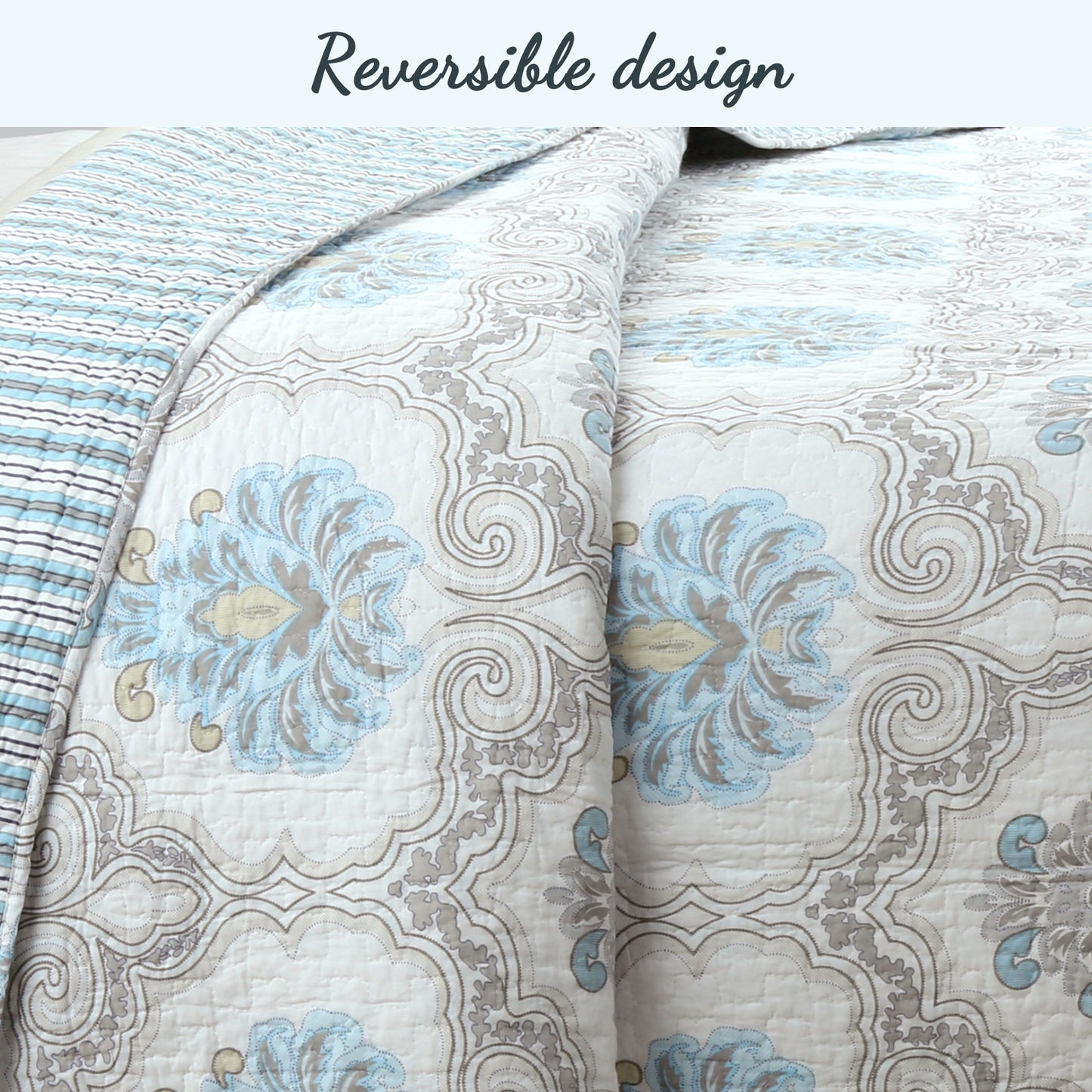 Blue Floral Medallion Cotton 3-Piece Reversible Quilt Bedding Set