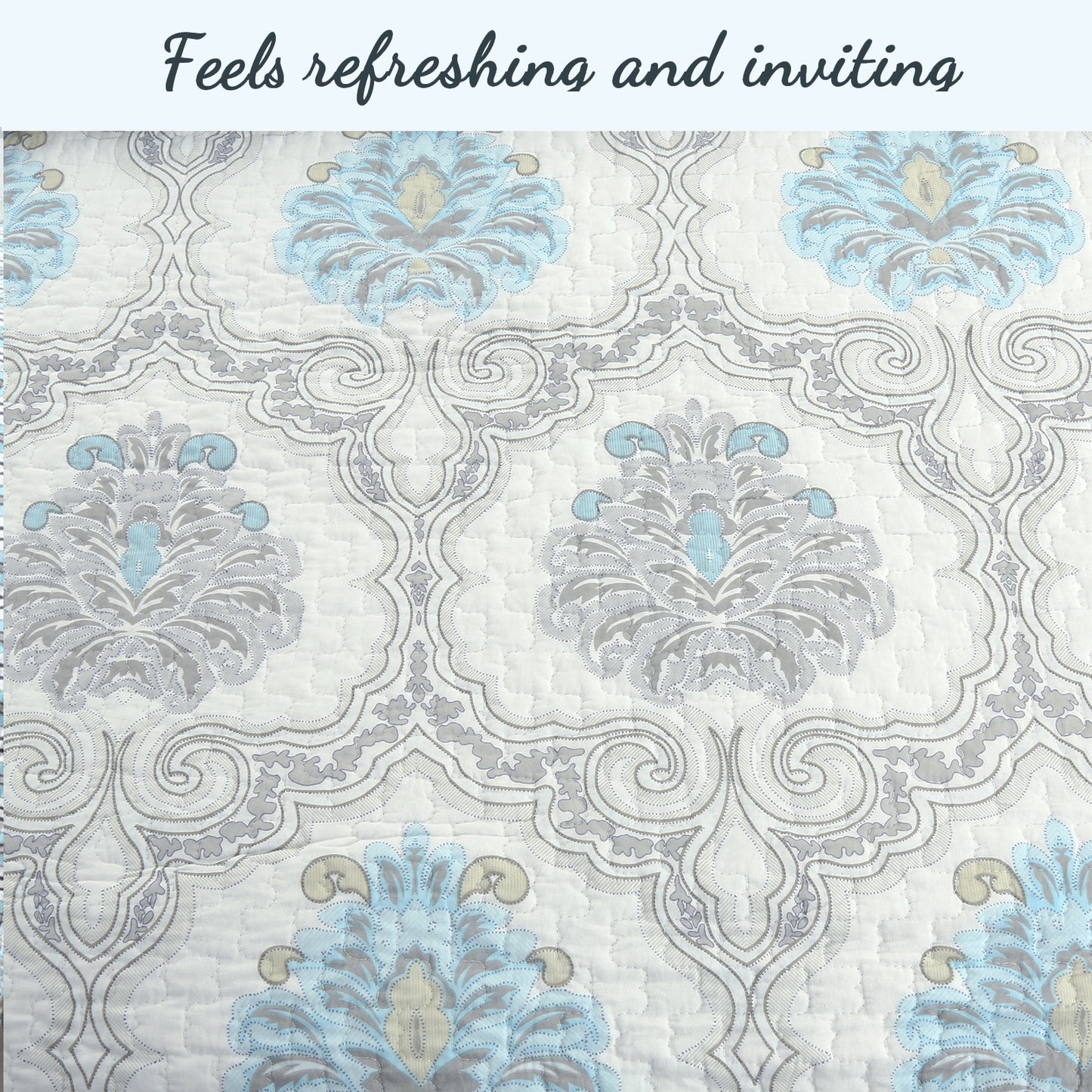 Blue Floral Medallion Cotton 3-Piece Reversible Quilt Bedding Set