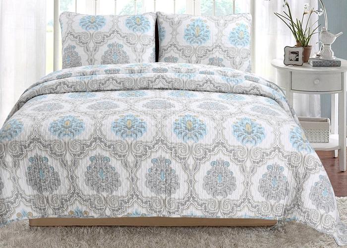 Blue Floral Medallion Cotton 3-Piece Reversible Quilt Bedding Set