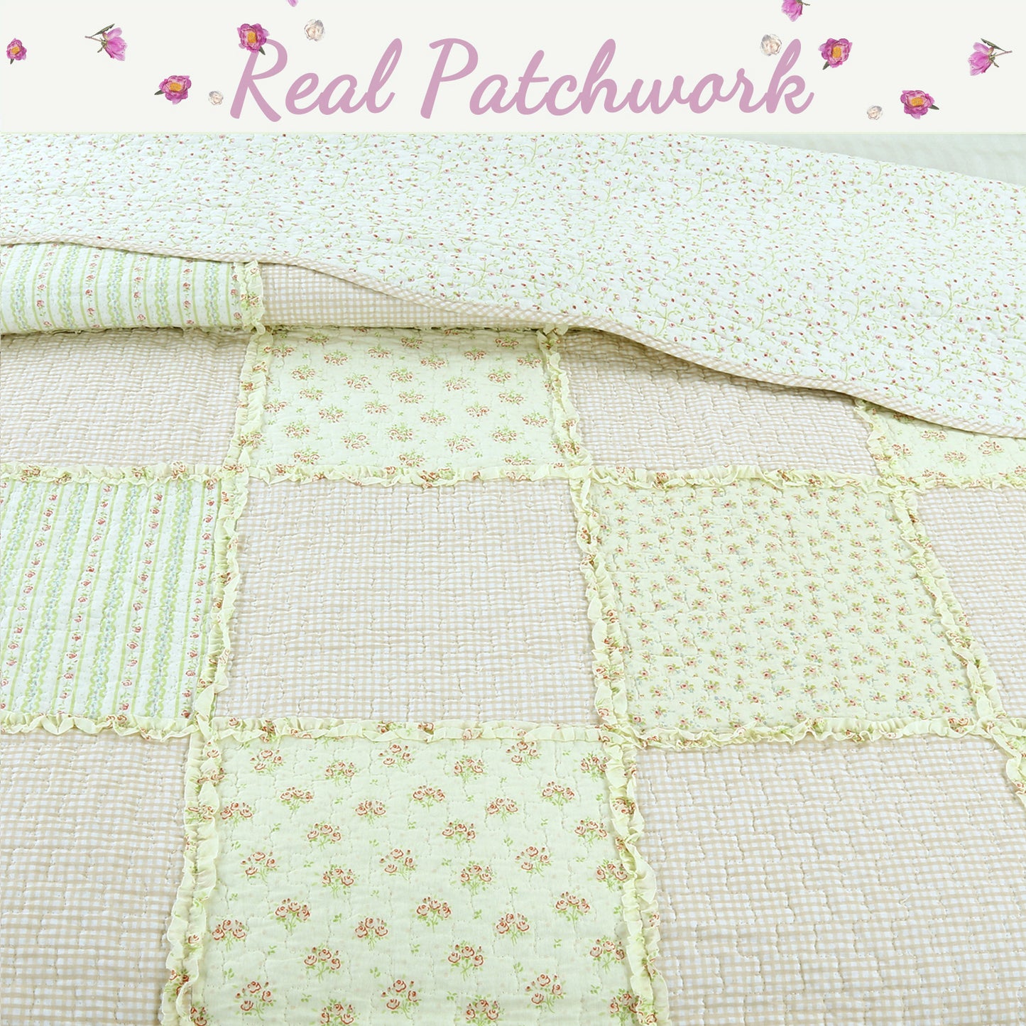 Sweet Peach Pink Floral Ruffle Scalloped Real Patchwork Cotton Reversible Quilt Bedding Set