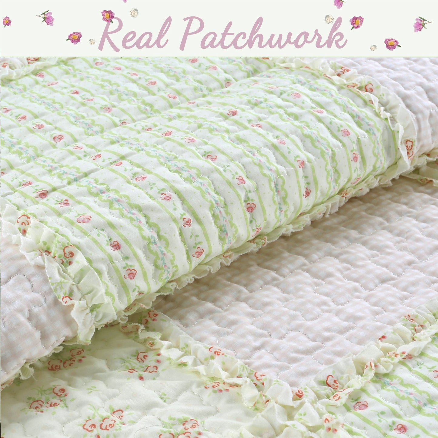 Sweet Peach Pink Floral Ruffle Scalloped Real Patchwork Cotton Reversible Quilt Bedding Set