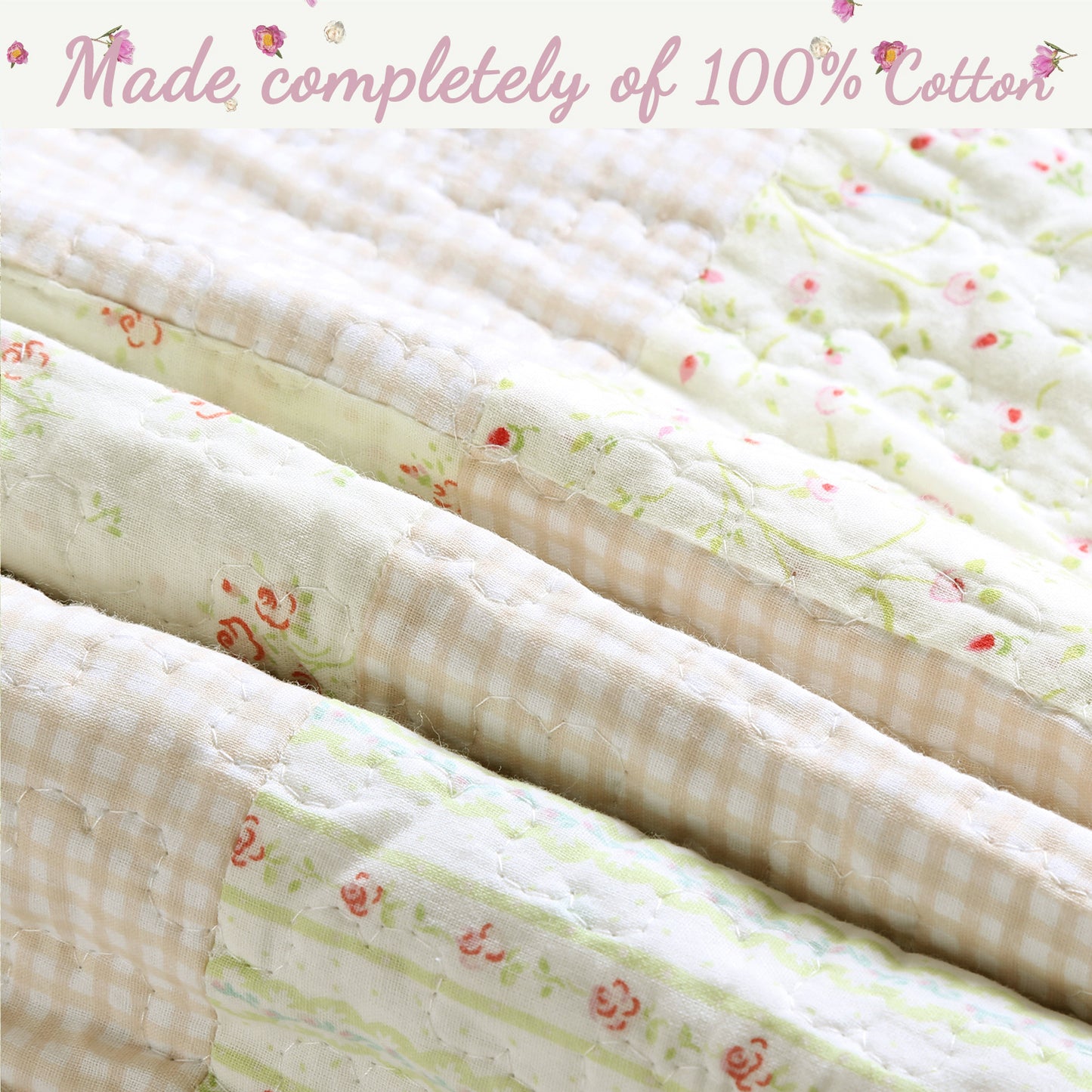 Sweet Peach Pink Floral Ruffle Scalloped Real Patchwork Cotton Reversible Quilt Bedding Set