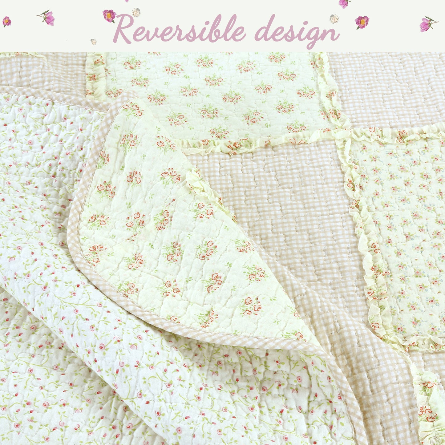 Sweet Peach Pink Floral Ruffle Scalloped Real Patchwork Cotton Reversible Quilt Bedding Set