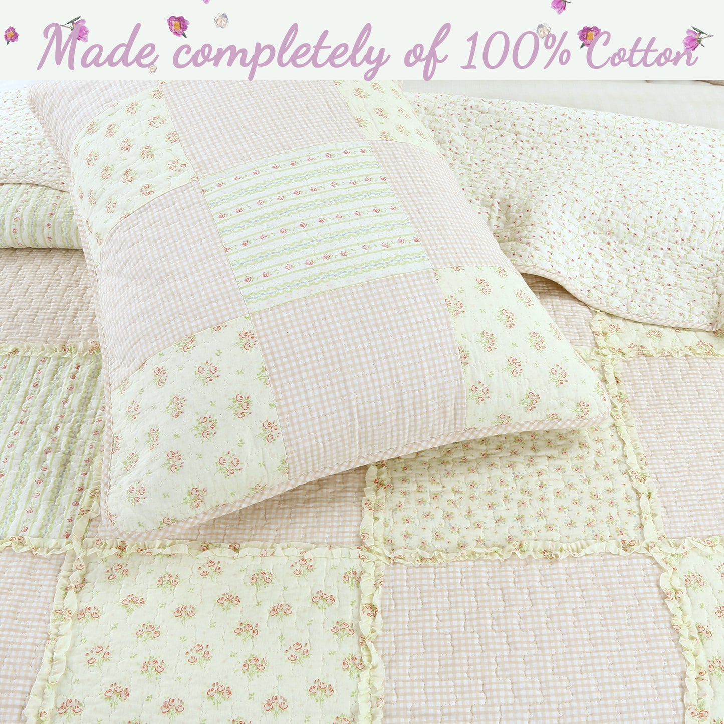 Sweet Peach Pink Floral Ruffle Scalloped Real Patchwork Cotton Reversible Quilt Bedding Set