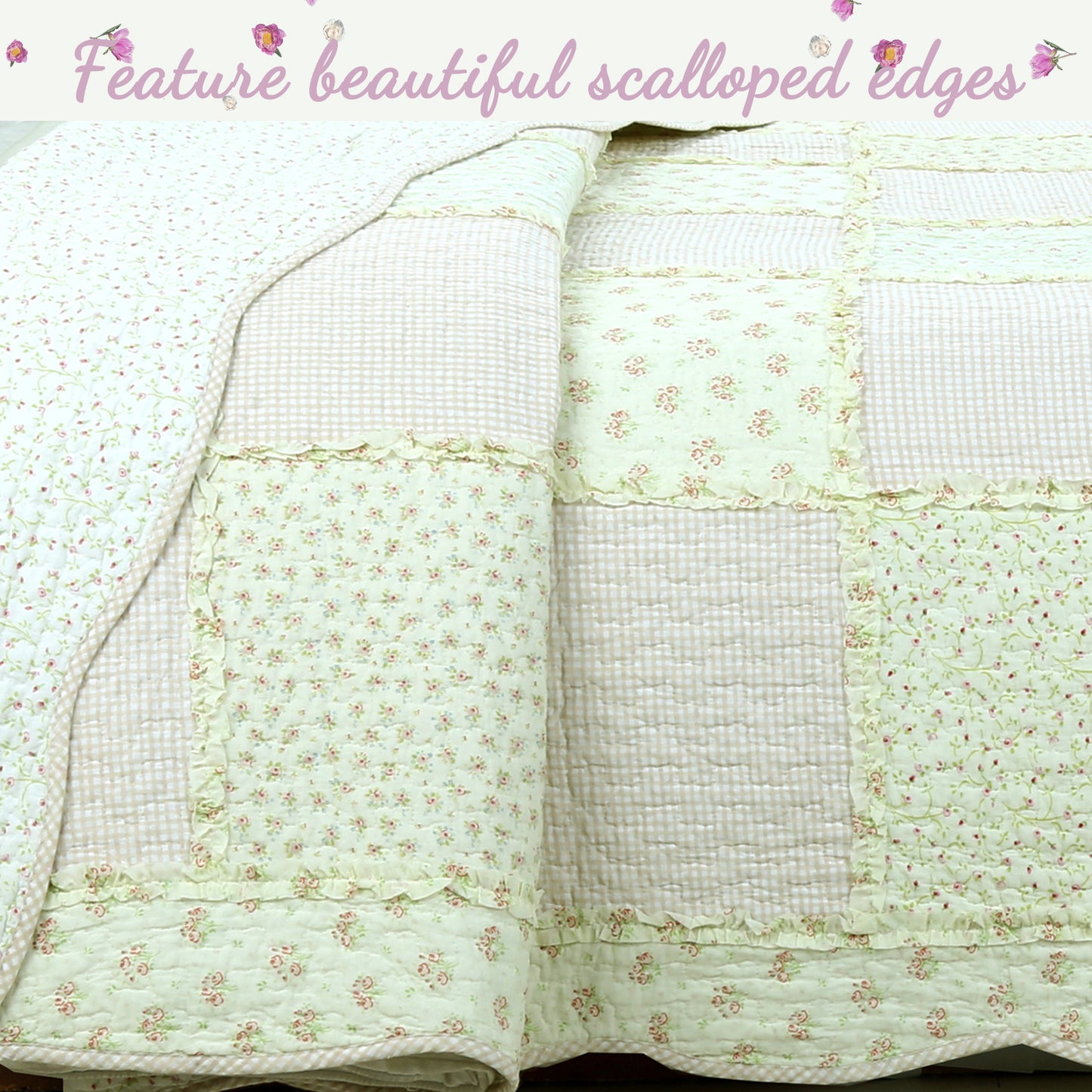 Sweet Peach Pink Floral Ruffle Scalloped Real Patchwork Cotton Reversible Quilt Bedding Set