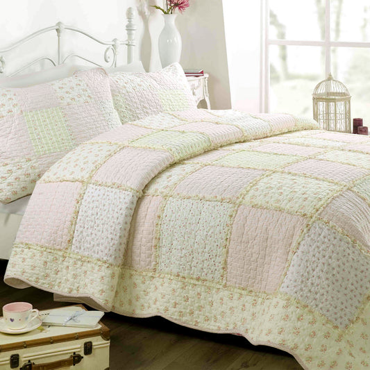 Sweet Peach Pink Floral Ruffle Scalloped Real Patchwork Cotton Reversible Quilt Bedding Set
