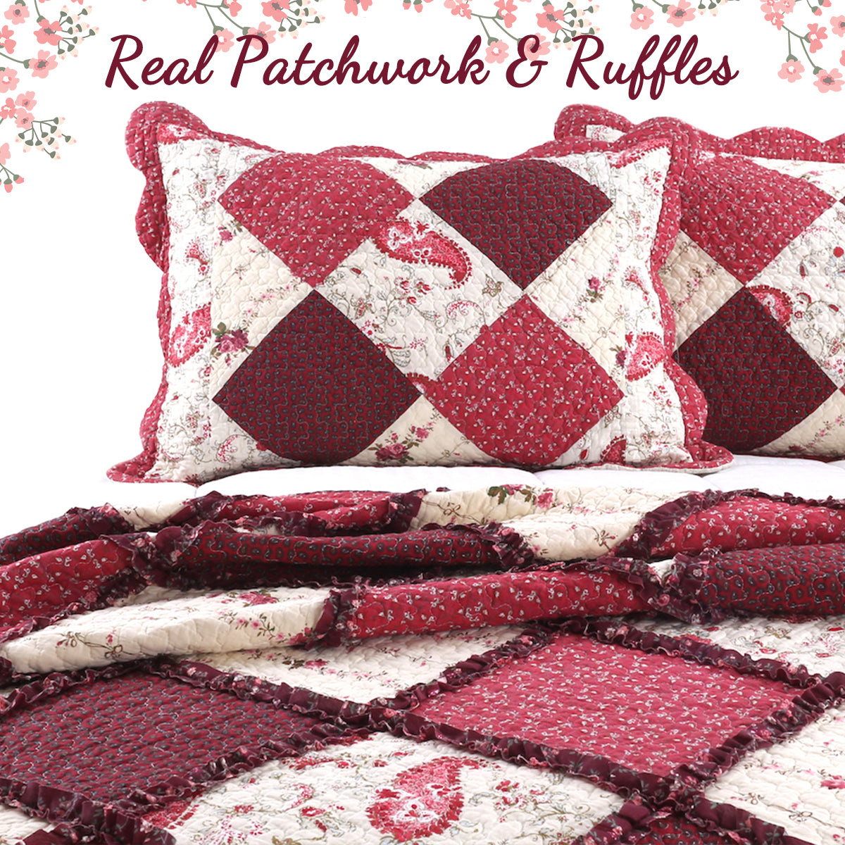 Pineiro Red Floral Real Patchwork Cotton 3-Piece Reversible Quilt Bedding Set