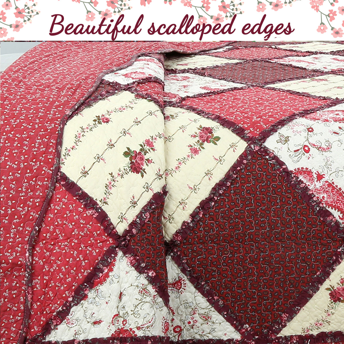 Pineiro Red Floral Real Patchwork Cotton 3-Piece Reversible Quilt Bedding Set