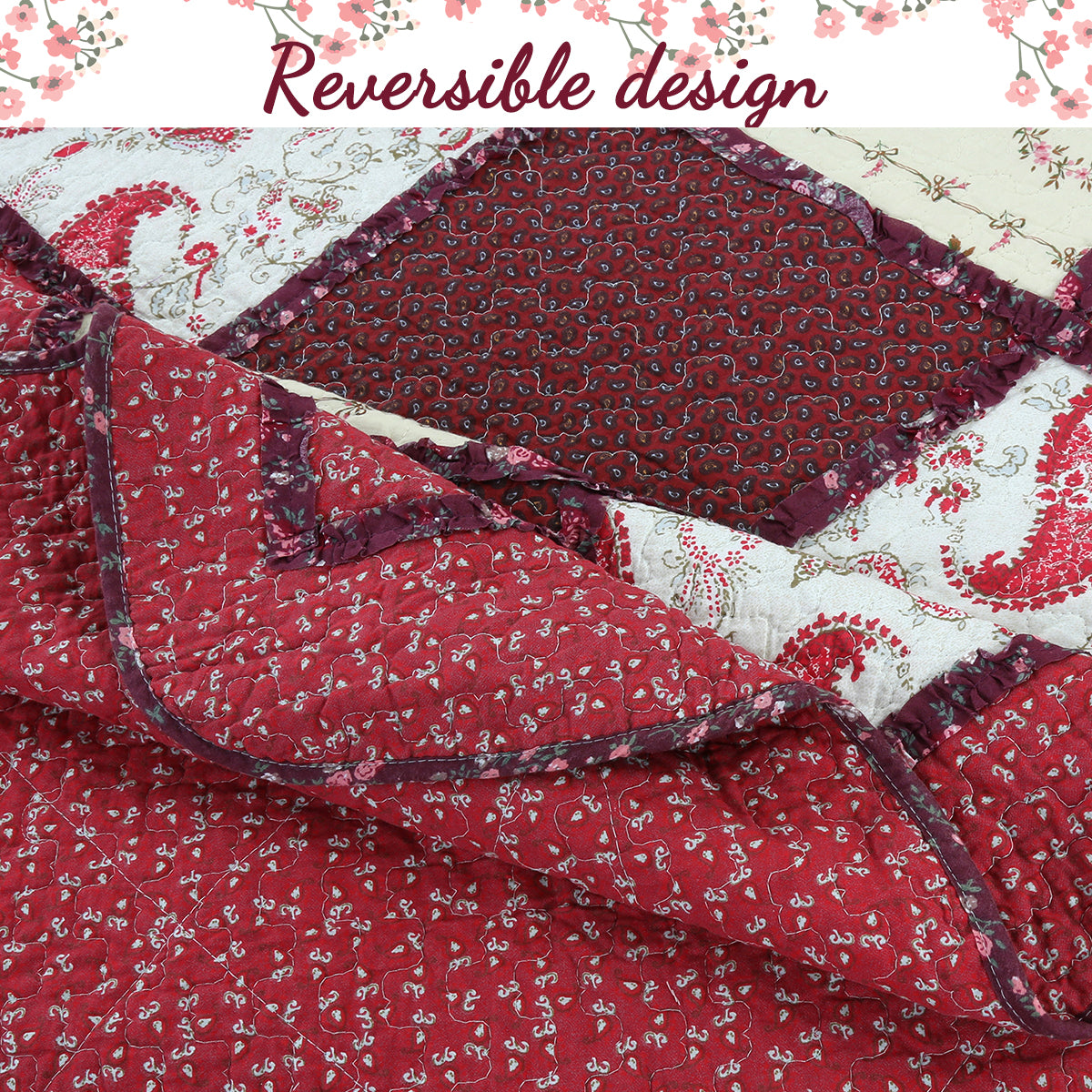 Pineiro Red Floral Real Patchwork Cotton 3-Piece Reversible Quilt Bedding Set