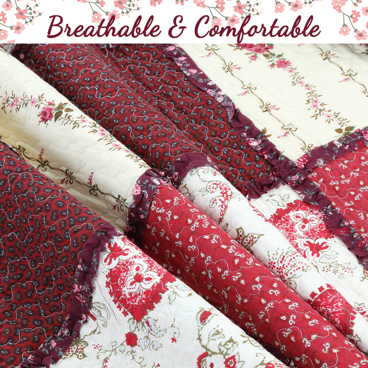 Pineiro Red Floral Real Patchwork Cotton 3-Piece Reversible Quilt Bedding Set