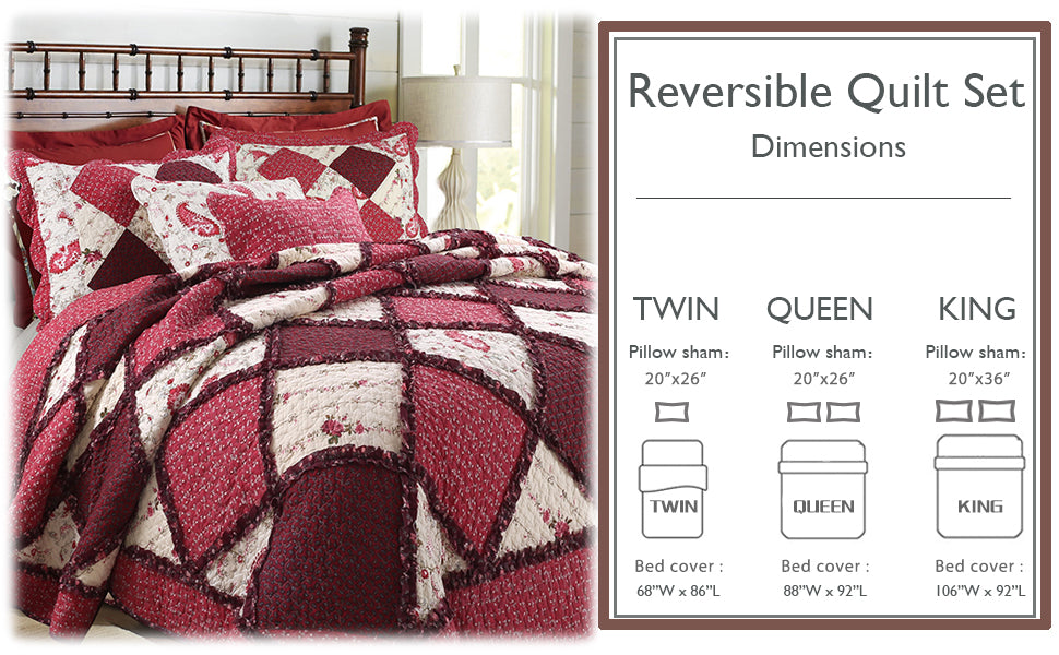 Pineiro Red Floral Real Patchwork Cotton 3-Piece Reversible Quilt Bedding Set