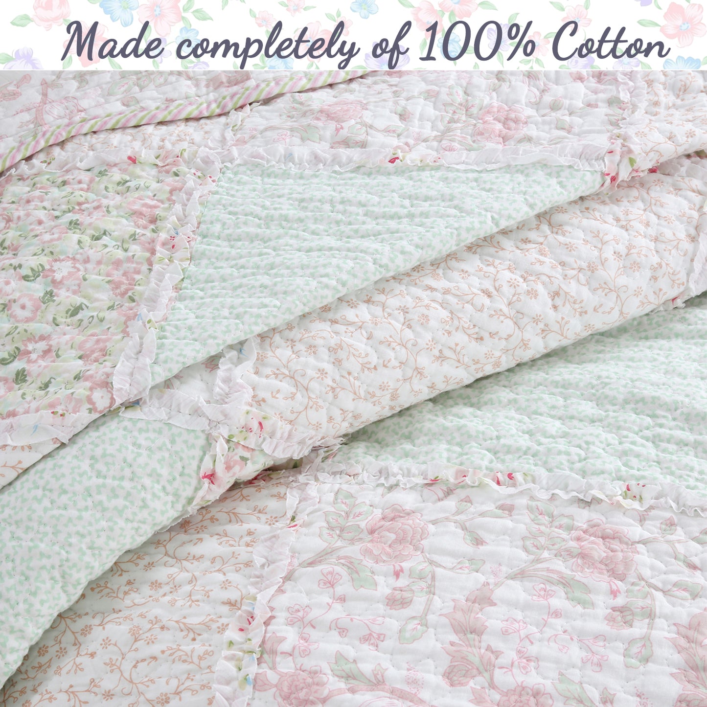 Banner Pink Floral Ruffle Real Patchwork Scalloped Edge Cotton Reversible Quilt Bedding Set