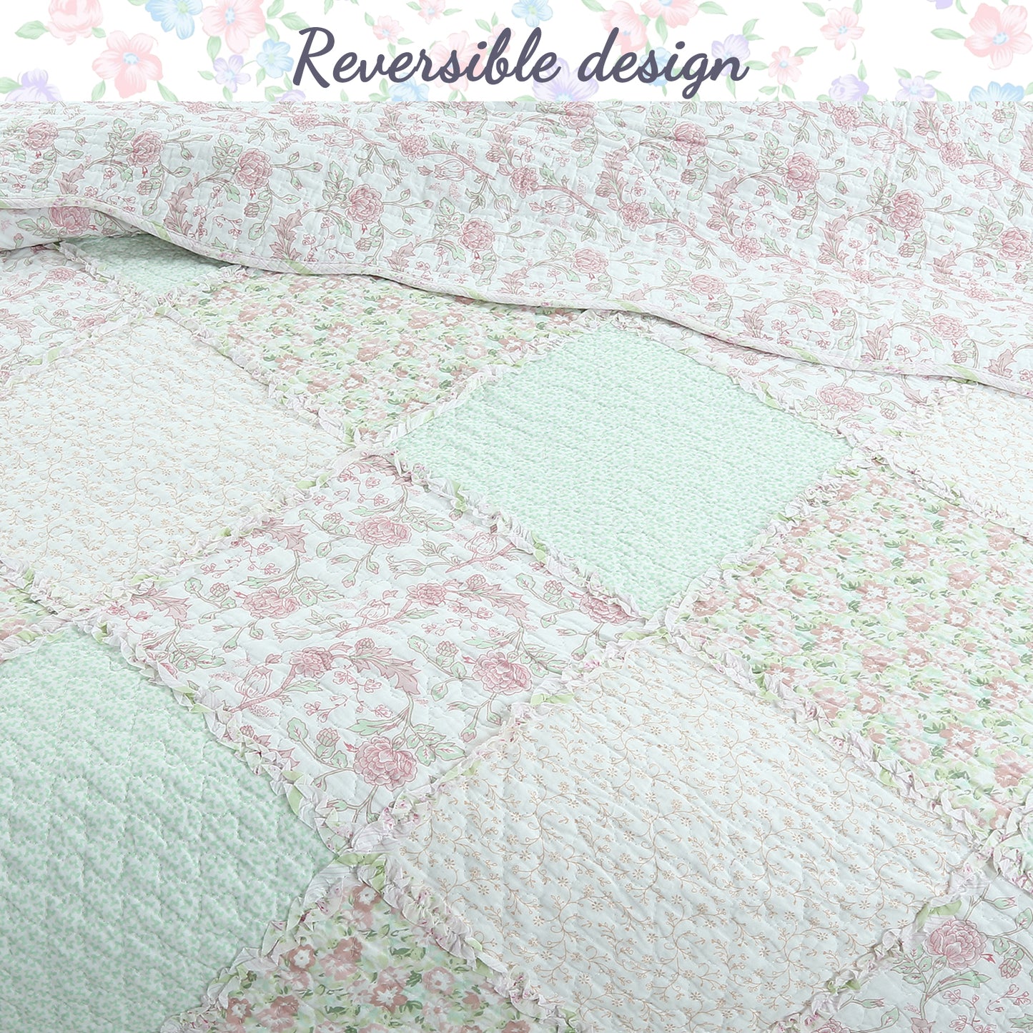 Banner Pink Floral Ruffle Real Patchwork Scalloped Edge Cotton Reversible Quilt Bedding Set