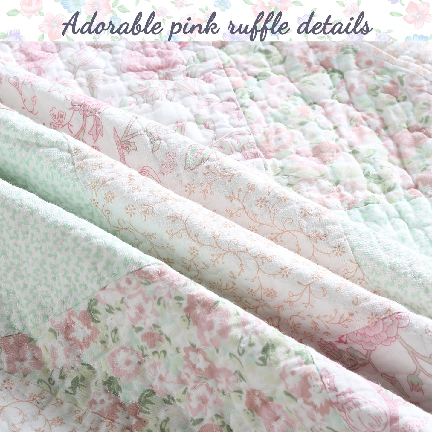 Banner Pink Floral Ruffle Real Patchwork Scalloped Edge Cotton Reversible Quilt Bedding Set