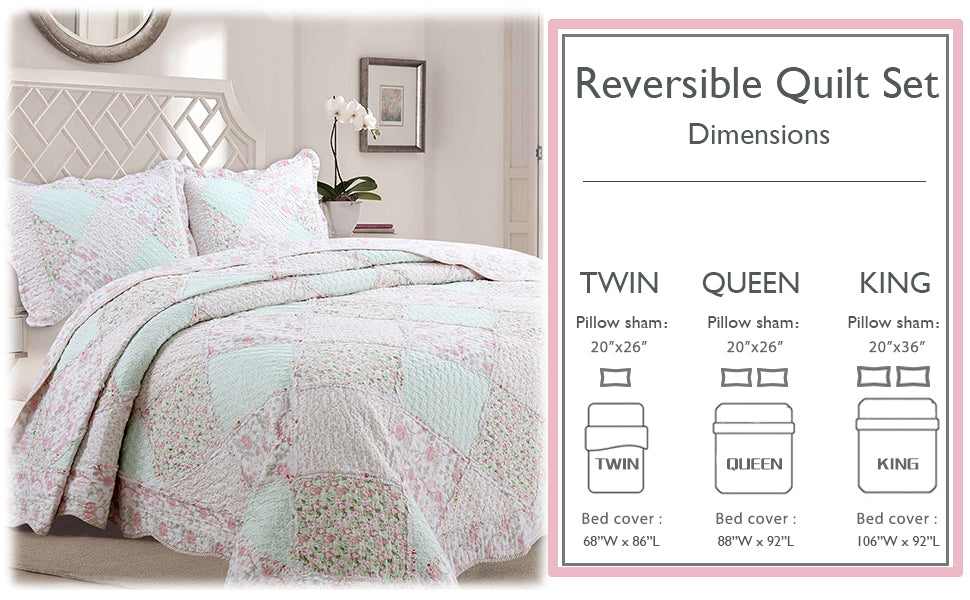 Banner Pink Floral Ruffle Real Patchwork Scalloped Edge Cotton Reversible Quilt Bedding Set